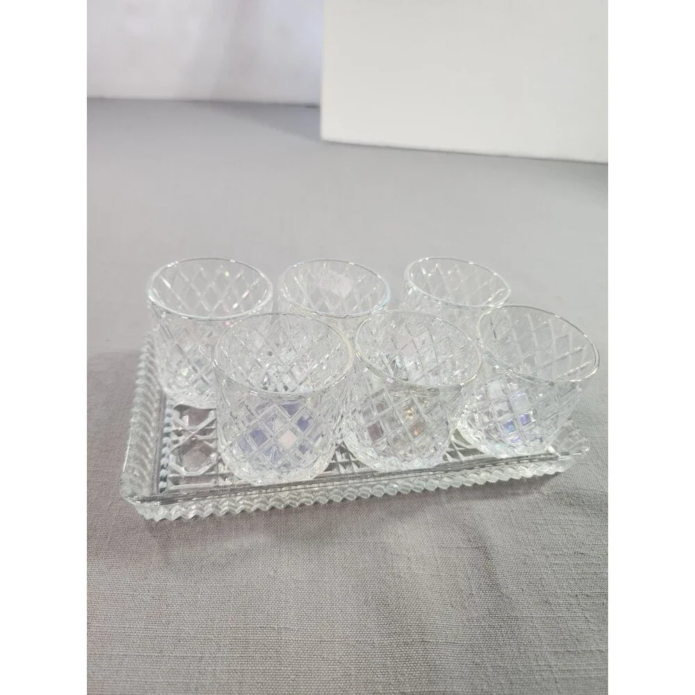 Vintage Cut Crystal Shot Glasses Set of 6 with Matching Rectangular Serving Tray